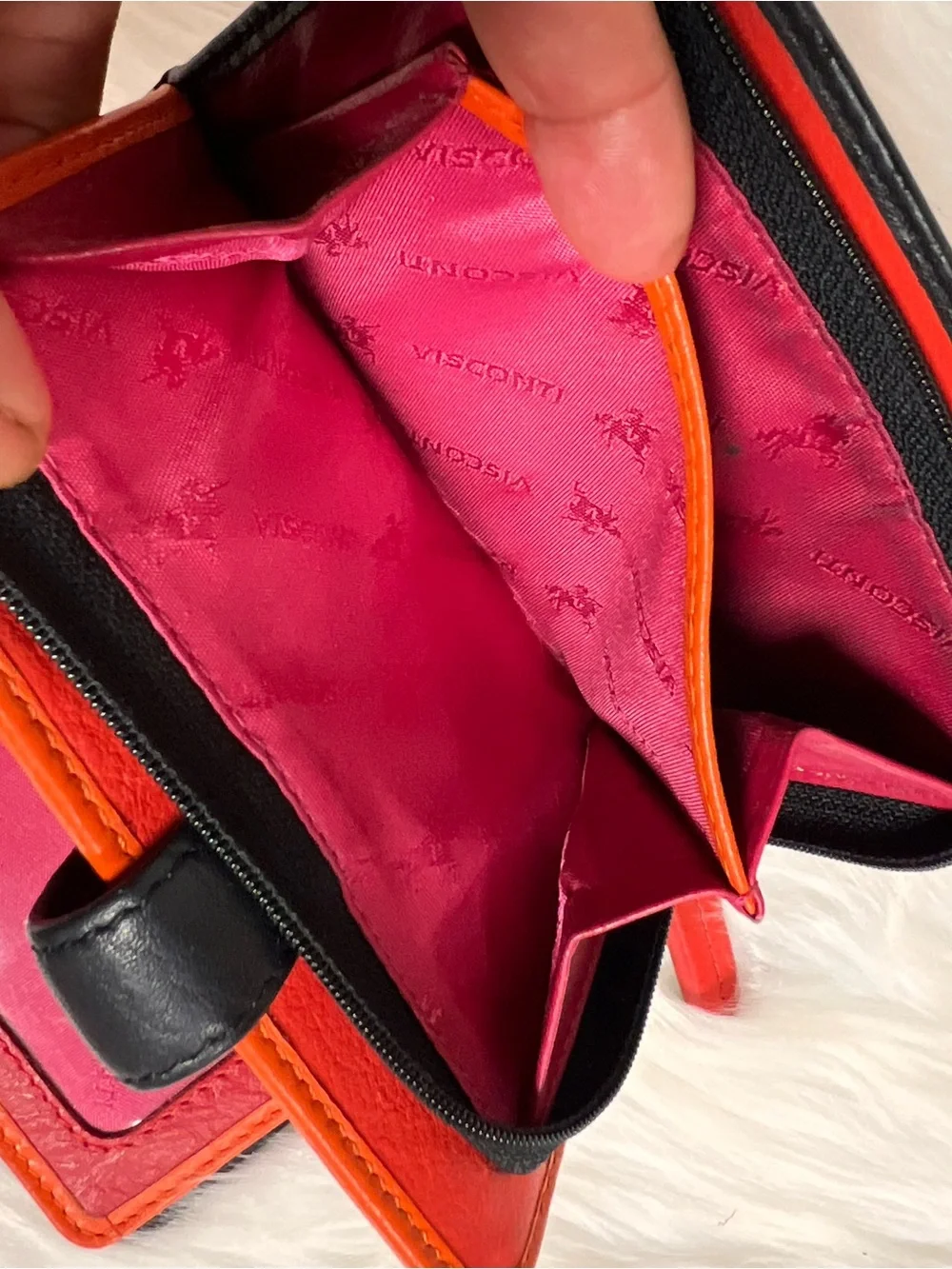 Visconti genuine Leather Wallet with Red, Orange, Pink Dot Accents